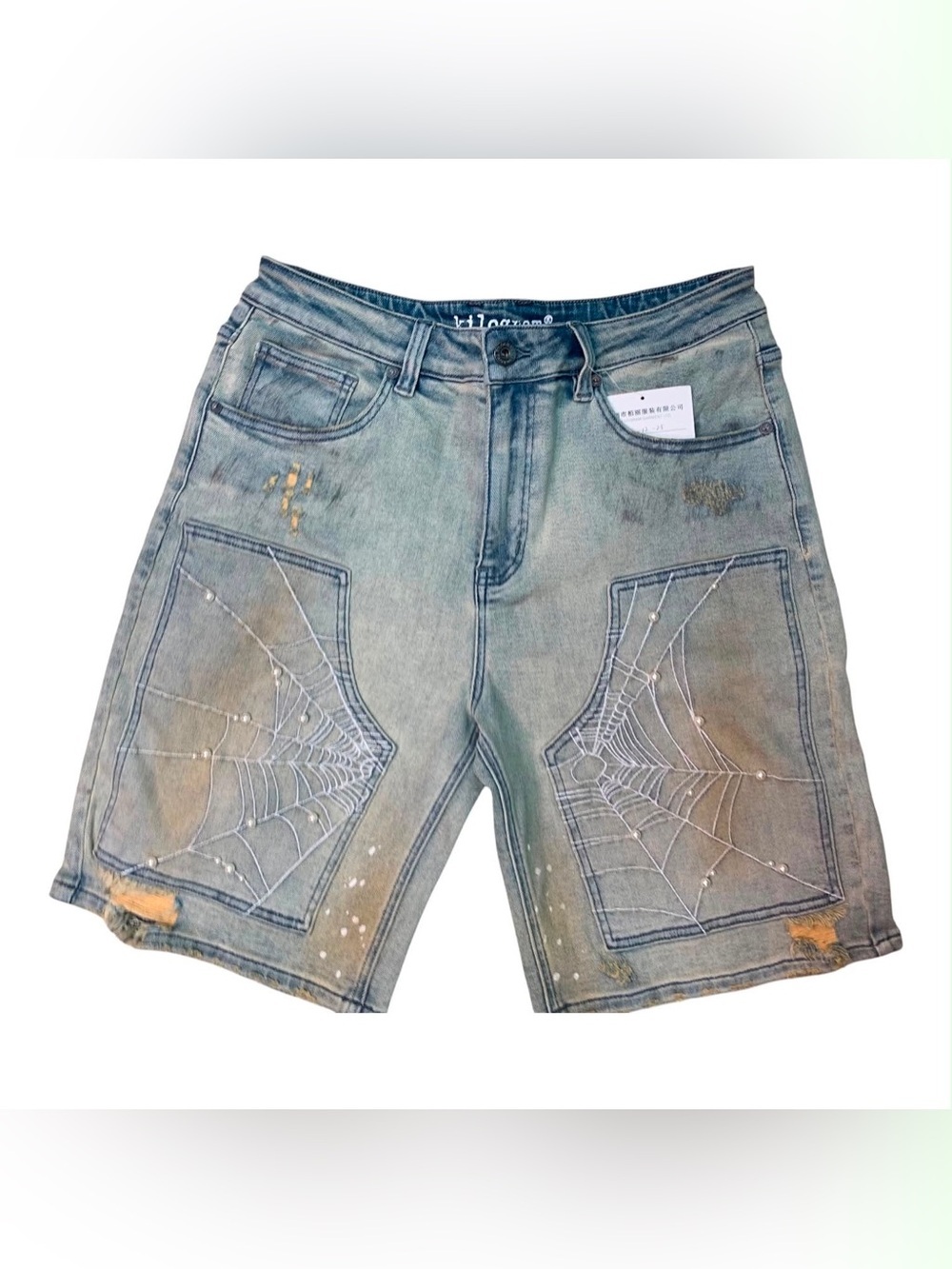 Sz 32 kilogram Spiderweb Graphic Gray Men's Denim Shorts